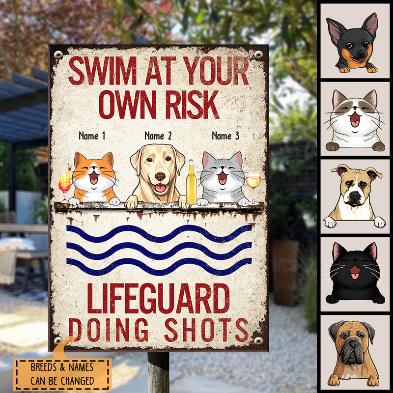 Metal Pool Sign, Gifts For Pet Lovers, Swim At Your Risk Lifeguard Doing Shots Funny Signs