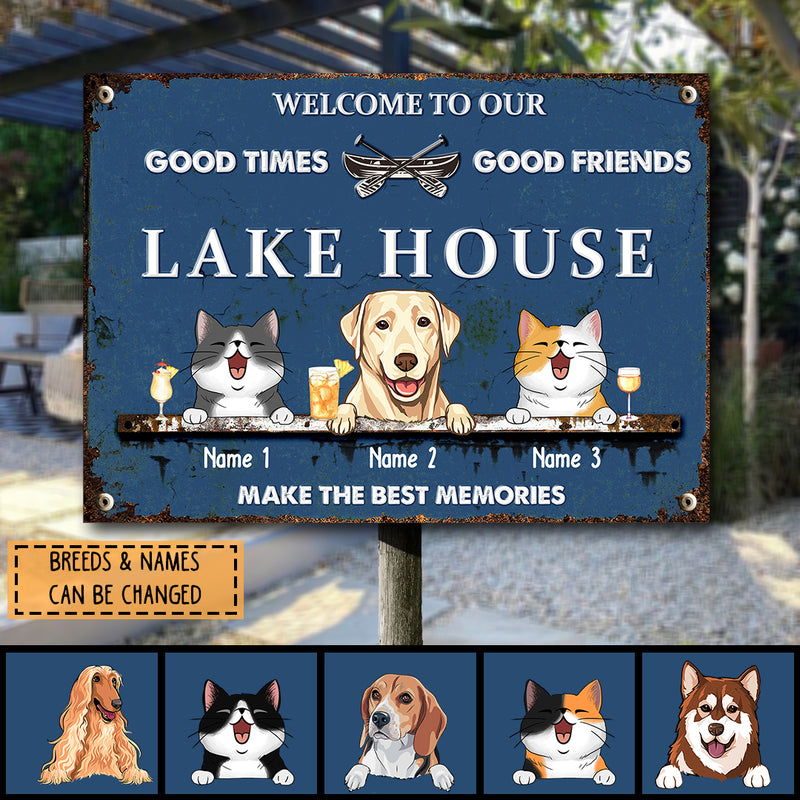 lake house decor Metal Lake House Sign, Gifts For Pet Lovers, Good Times Good Friends Make The Best Memories Blue Welcome Signs