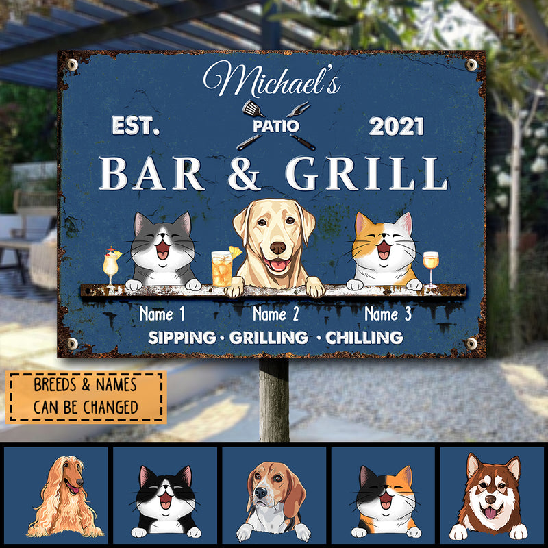 Metal Patio Bar & Grill Sign, Gifts For Pet Lovers, Sipping Grilling Chilling Blue Bar Signs