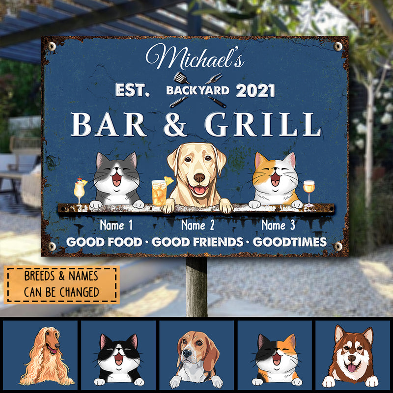 Metal Backyard Bar & Grill Sign, Gifts For Pet Lovers, Good Food Good Friends Good Times Blue Bar Signs