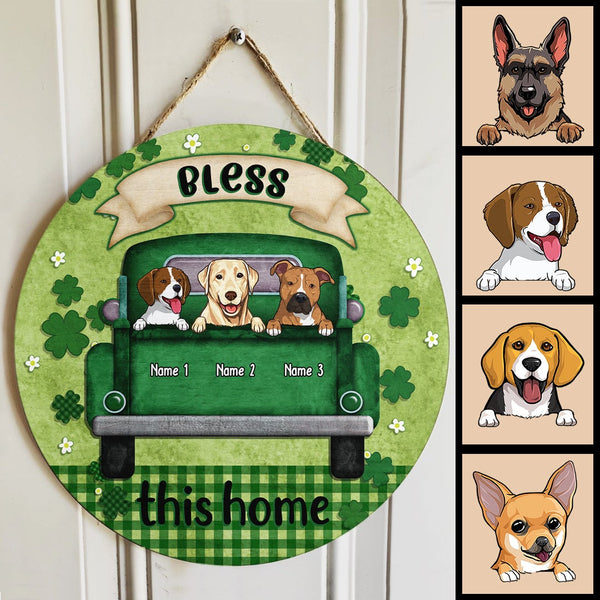 Bless This Home, Four-Leaf Clover Door Hanger, Personalized Dog Breeds Door Sign, Dog Lovers Gifts, Front Door Decor