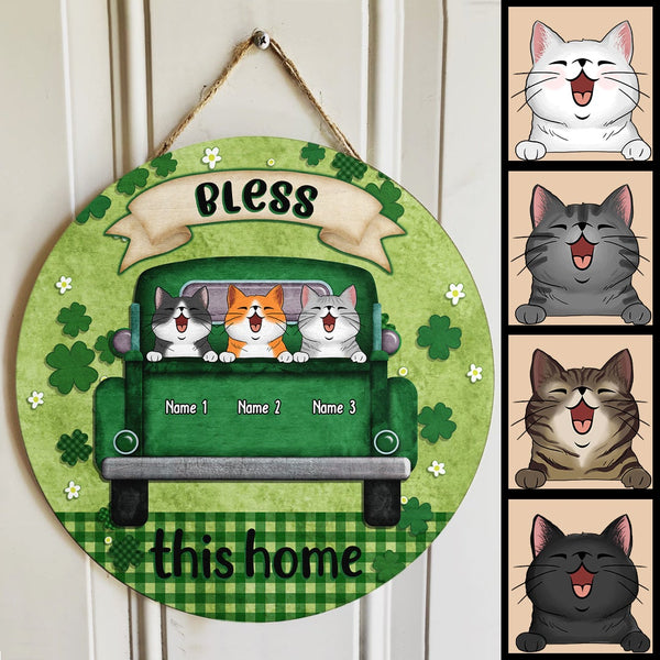 Bless This Home, Four-Leaf Clover Door Hanger, Personalized Cat Breeds Door Sign, Cat Lovers Gifts, Front Door Decor