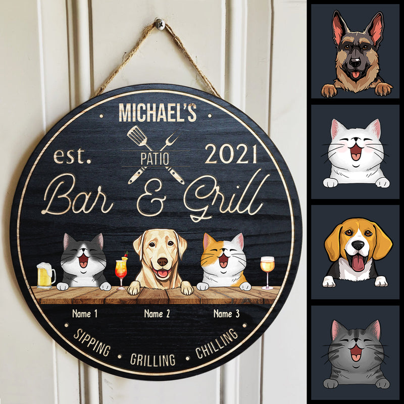 Patio Bar & Grill, Wooden Door Hanger, Personalized Dog & Cat Door Sign, Front Door Decor, Gifts For Pet Lovers