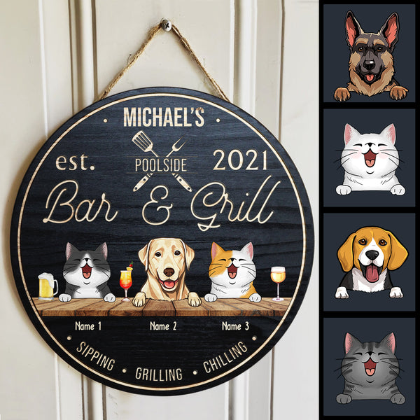 Poolside Bar & Grill, Wooden Door Hanger, Personalized Dog & Cat Door Sign, Front Door Decor, Gifts For Pet Lovers