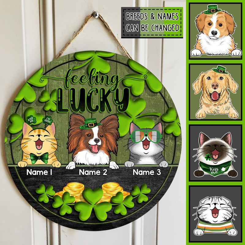 Feeling Lucky, Shamrock & Gold Coin, Personalized Dog & Cat Door Sign, St. Patrick Day Front Door Decor