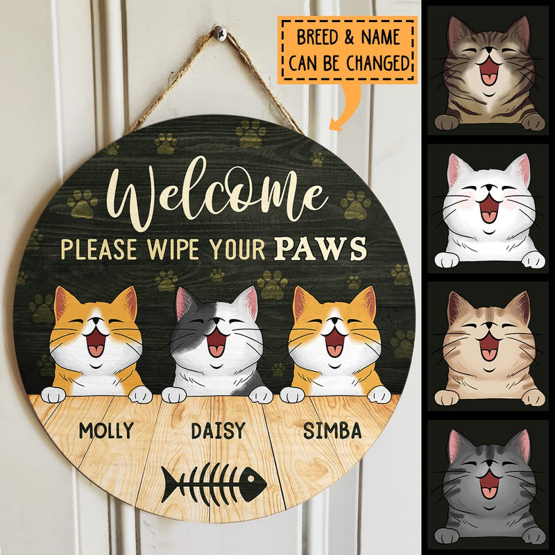 Welcome Please Wipe Your Paws, Green Pawprints Rustic Door Hanger, Personalized Cat Breeds Door Sign, Housewarming Gift