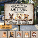Welcome To Our Backyard Bar & Grill, Dog & Beverage Sign, Personalized Dog Breeds Metal Sign