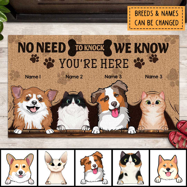 No Need To Knock We Know You're Here, Dog & Cat Doormat, Pet Peeking From Curtain Doormat, Personalized Dog & Cat