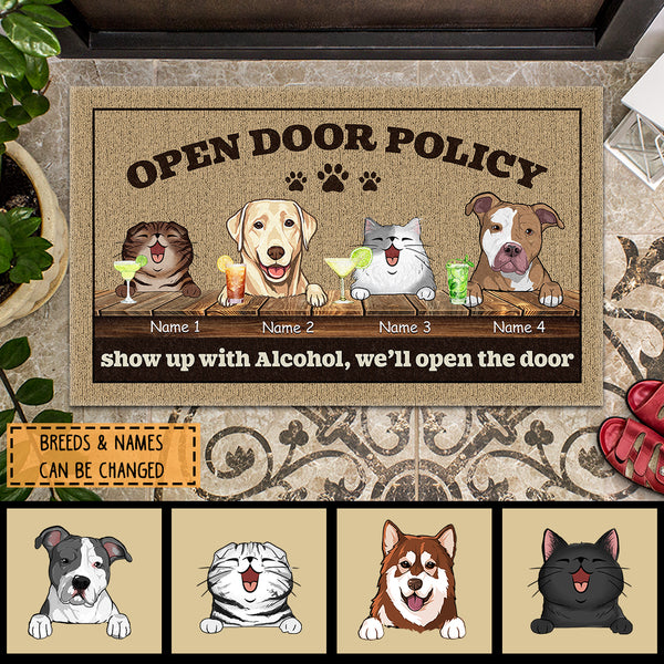 Open Door Policy Show Up With Alcohol We'll Open The Door, Personalized Dog & Cat Doormat, Gifts For Pet Lovers