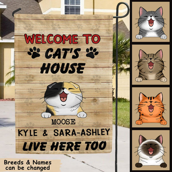 Welcome To The Cat's House The Humans Live Here Too, Pawprints Flag, Personalized Cat Breeds Garden Flag