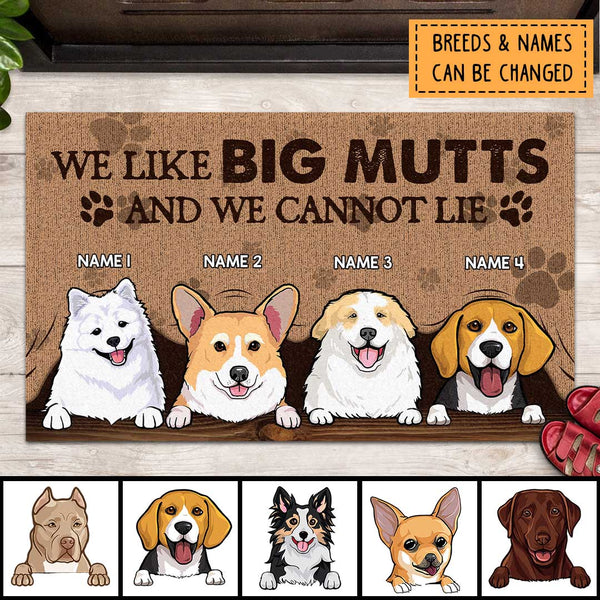 We Like Big Mutts And We Can Not Lie, Dog Peeking From Curtain, Personalized Dog Breeds Doormat, Gifts For Dog Lovers