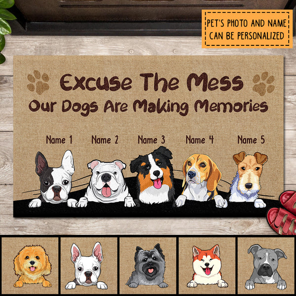 Excuse The Mess Our Dog Is Making Memories, Dog Peeking From Curtain, Personalized Dog Breeds Doormat, Home Decor