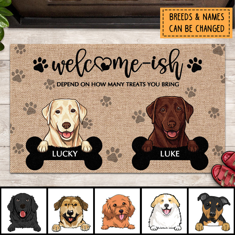 Welcome-ish Depends On How Many Treats You Bring, Dog & Bone, Welcome Doormat, Personalized Dog Breeds Doormat