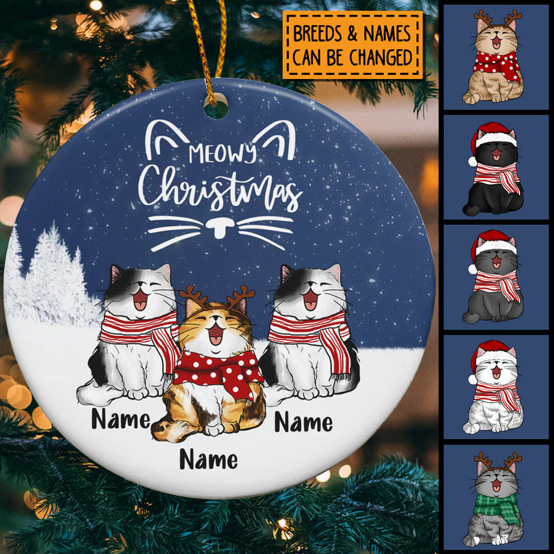 Meowy Christmas, Snowflake & Winter Forest Circle Ceramic Ornament, Personalized Christmas Cat Breeds Ornament