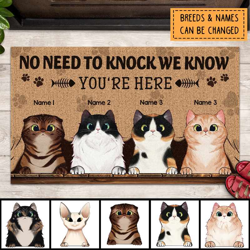 No Need To Knock We Know You're Here, Cat Peeking From Curtain Doormat, Personalized Cat Breeds Doormat