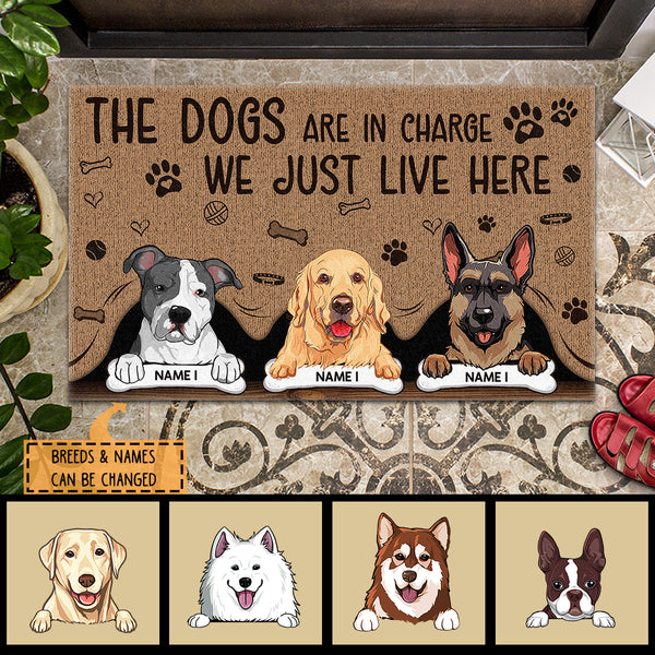 The Dog Is In Charge We Just Live Here, Dog Peeking From Curtain, Personalized Dog Breeds Doormat, Gifts For Dog Lovers