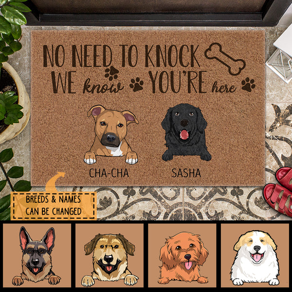 No Need To Knock We Know You Are Here, Bone & Pawprints Doormat, Personalized Dog Breeds Doormat, Gifts For Dog Lovers