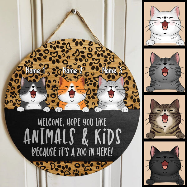 Welcome Hope You Like Animals & Kids Because It's A Zoo In Here, Pawprint Wooden Sign, Personalized Cat Breeds Door Sign