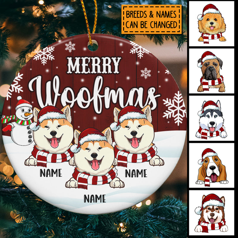 Merry Woofmas, Snowman Circle Ceramic Ornament, Personalized Christmas Dog Breeds Ornament
