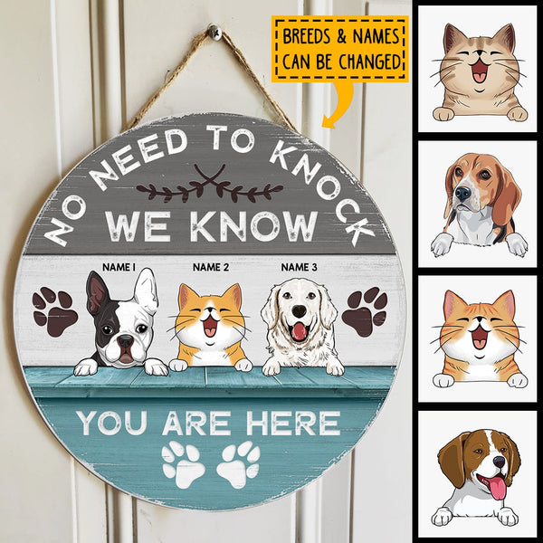 No Need To Knock We Know You Are Here, Blue Rustic Door Hanger, Personalized Dog & Cat Door Sign, Gifts For Pet Lovers