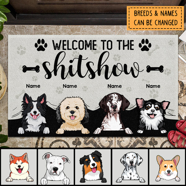Welcome To The Shitshow, Dog Peeking From Curtain, Welcome Doormat, Personalized Dog Breeds Doormat
