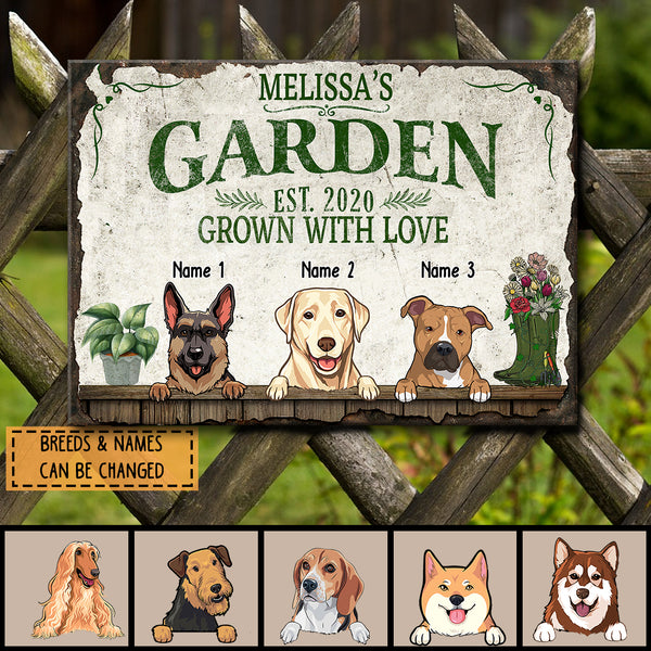 Garden Grown With Love, Plant & Flower Sign, Personalized Dog Breeds Metal Sign, Garden Decor