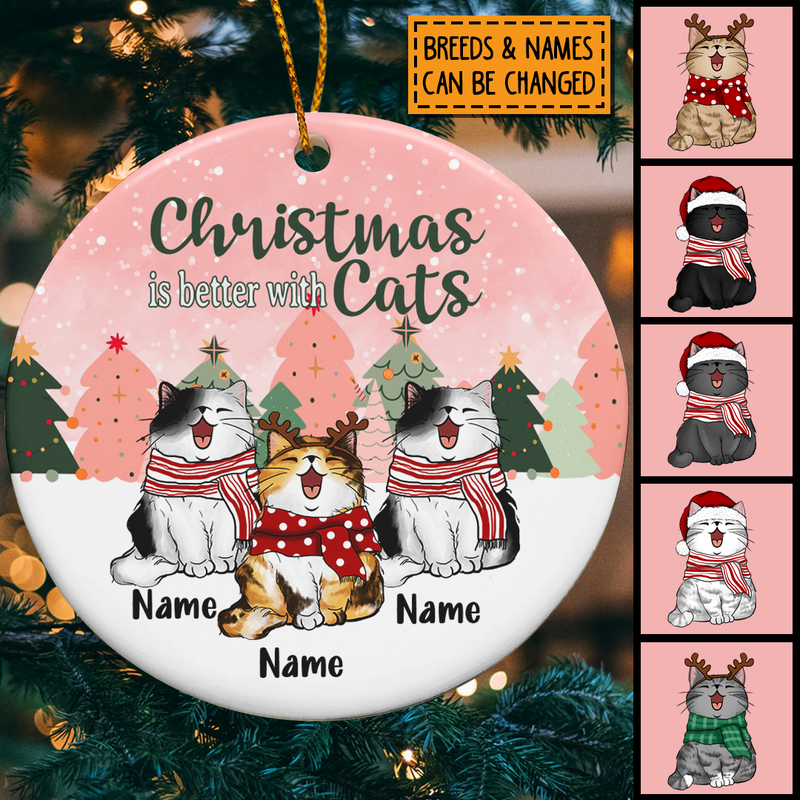 Christmas Is Better With Cats, Christmas Tree Circle Ceramic Ornament, Personalized Cat Breeds Ornament