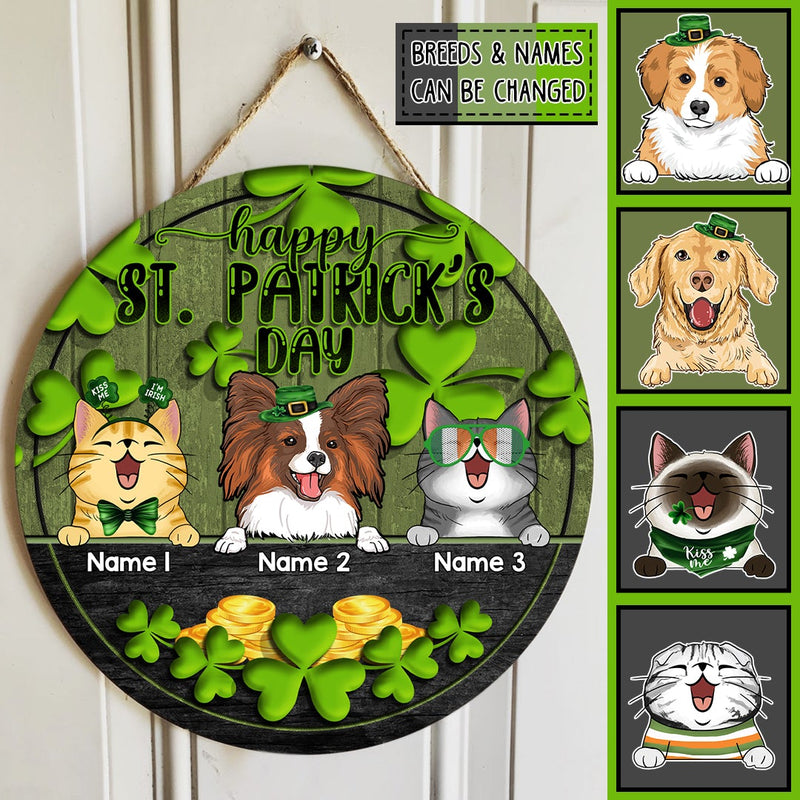 Happy St. Patrick's Day, Shamrock & Gold Coin, Personalized Dog & Cat Door Sign, Front Door Decor, Pet Lovers Gifts
