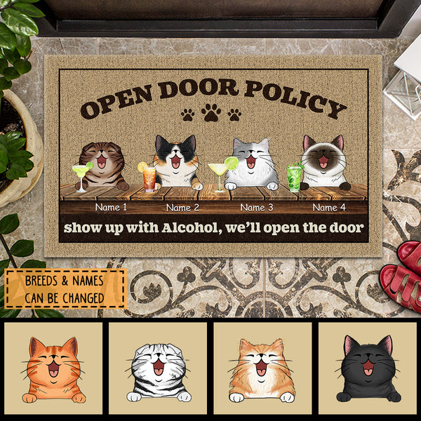 Open Door Policy Show Up With Alcohol We'll Open The Door, Personalized Cat Breeds Doormat, Gifts For Cat Lovers