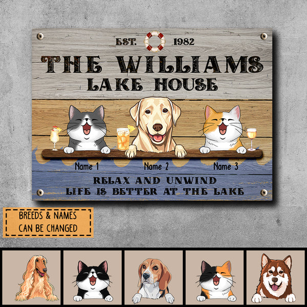 lake house decor Metal Lake House Sign, Gifts For Pet Lovers, Like Is Better At The Lake Personalized Family Sign
