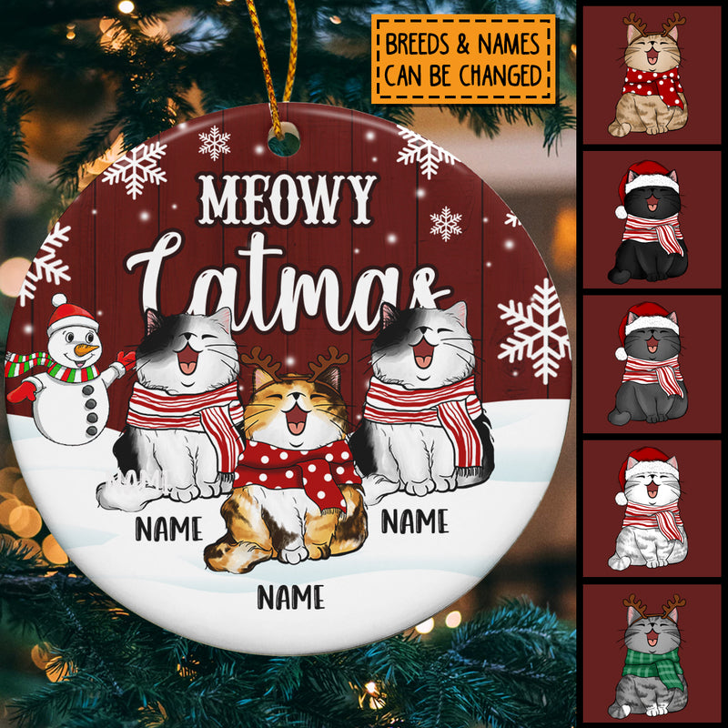Meowy Catmas, Snowman Circle Ceramic Ornament, Personalized Christmas Cat Breeds Ornament