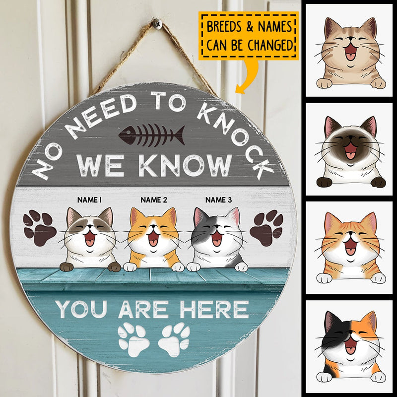 No Need To Knock We Know You Are Here, Blue Rustic Door Hanger, Personalized Cat Breeds Door Sign, Gifts For Cat Lovers