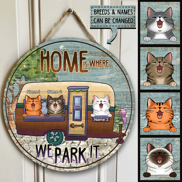 Home Is Where We Park It, Cats In Camper Van Door Hanger, Personalized Cat Breeds Door Sign, Gifts For Cat Lovers