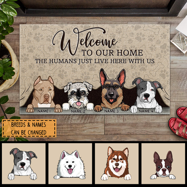 Welcome To Our Home, Dog Peeking From Curtain, Personalized Dog Breeds Doormat, Home Decor, Gifts For Dog Lovers