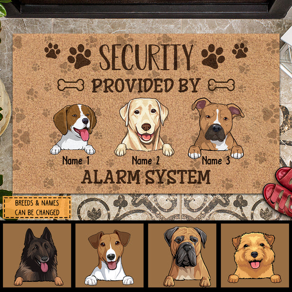 Security Provided By Alarm System, Brown Pawprints, Personalized Dog Breeds Doormat, Gifts For Dog Lovers, Home Decor