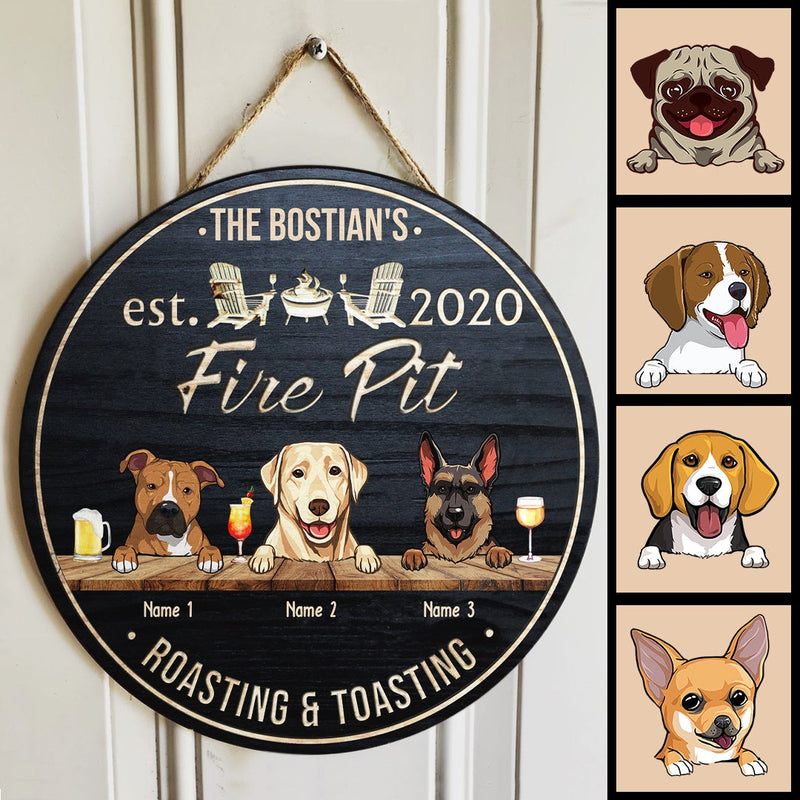 Fire Pit Roasting & Toasting, Custom Background Color Door Hanger, Personalized Dog Breeds Door Sign