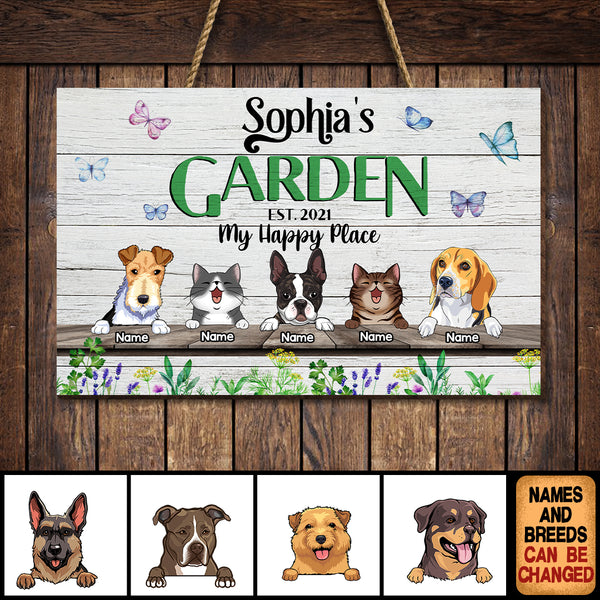 Custom Wooden Sign, Gifts For Pet Lovers, My Happy Place Plant & Butterfly Rectangle Garden Signs