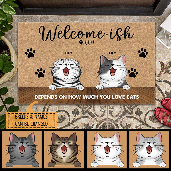 Welcome-ish Depends On How Much You Love Cats, Black Pawprints, Personalized Cat Breeds Doormat, Gifts For Cat Lovers