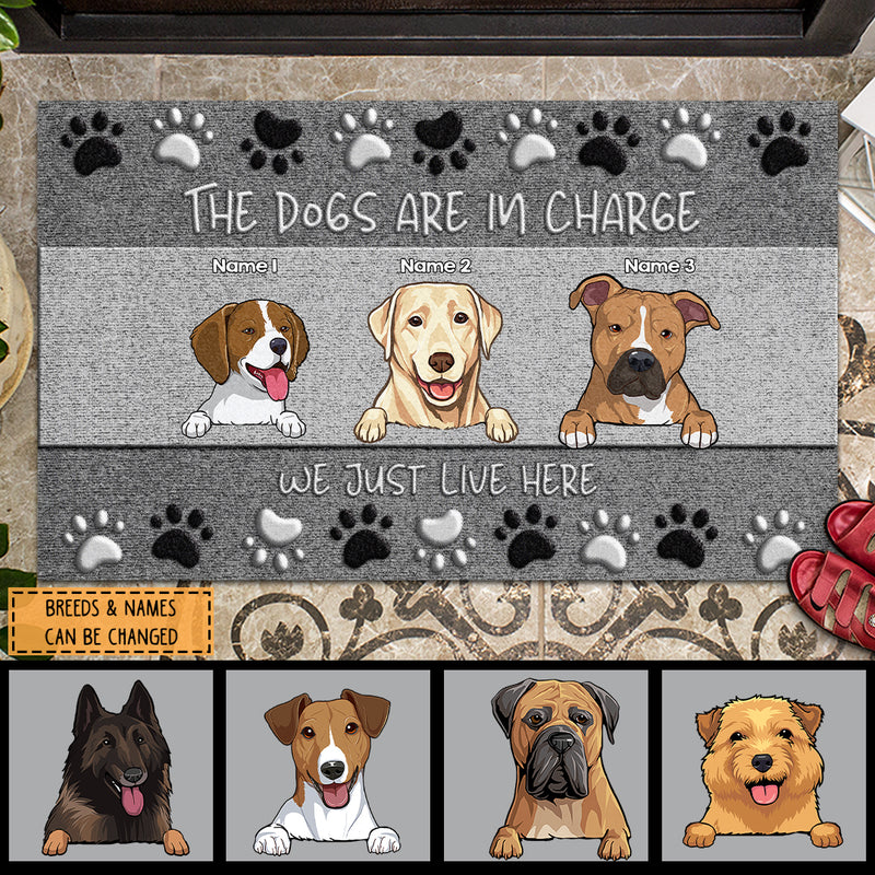 The Dog Is In Charge We Just Live Here, Black And White Pawprints, Personalized Dog Breeds Doormat, Dog Lovers Gifts