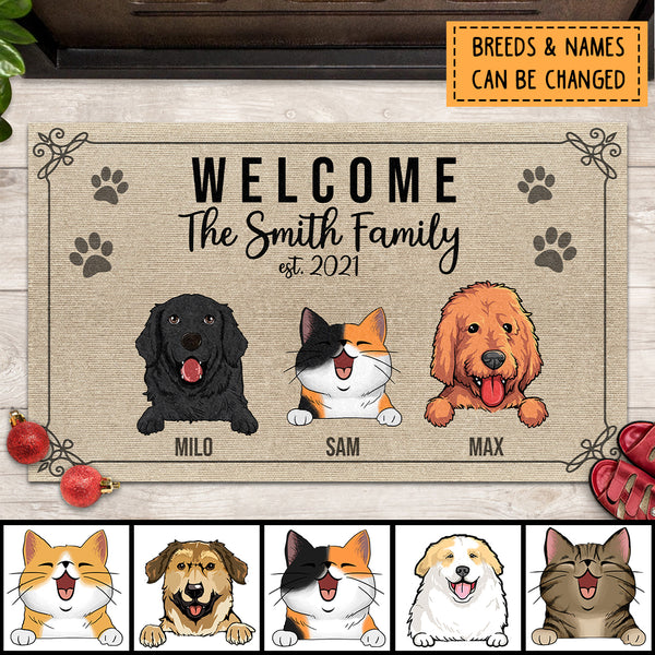 Welcome, Pawprints Doormat, Custom Family Name & Year, Personalized Dog & Cat Doormat, Gifts For Pet Lovers