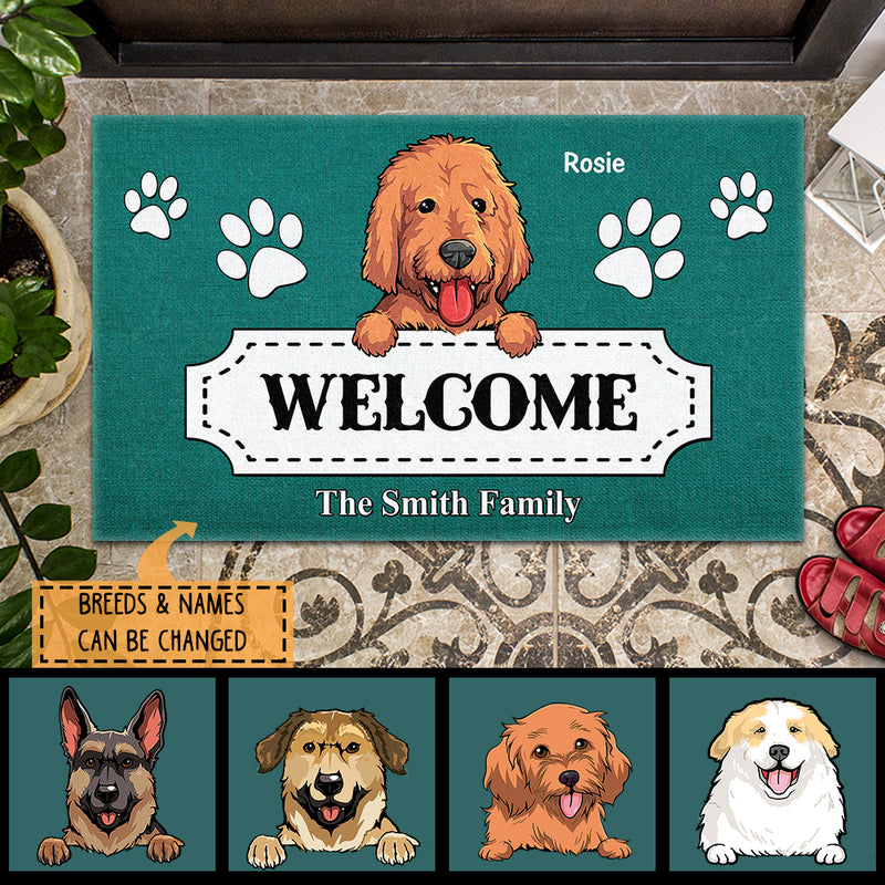 Welcome, White Pawprints, Personalized Dog Breeds Doormat, Gifts For Dog Lovers, Home Decor