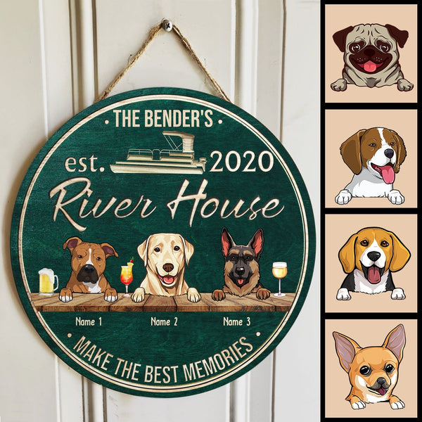 River House Make The Best Memories, Custom Background Color Door Hanger, Personalized Dog Breeds Door Sign