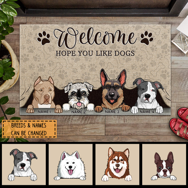 Welcome Hope You Like Dogs, Dog Peeking From Curtain, Personalized Dog Breeds Doormat, Home Decor, Gifts For Dog Lovers