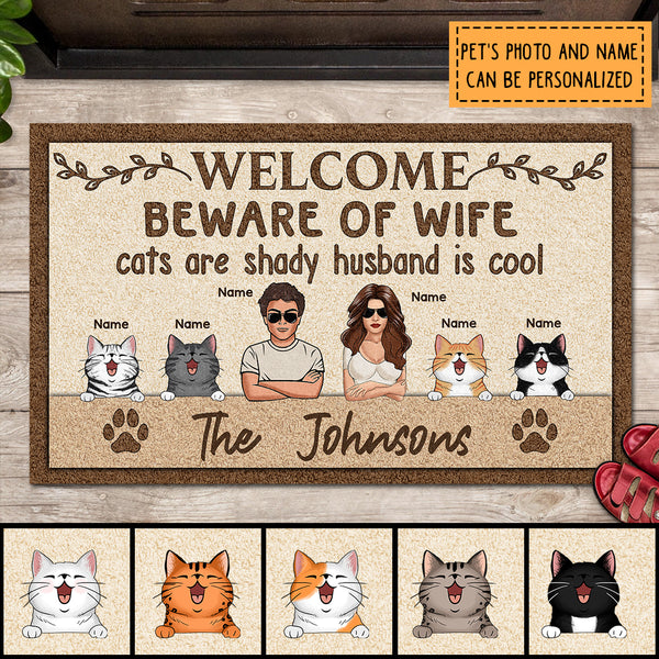Welcome Beware Of Wife Cat Is Shady Husband Is Cool, Personalized Cat Breeds Doormat, Gifts For Cat Lovers, Home Decor
