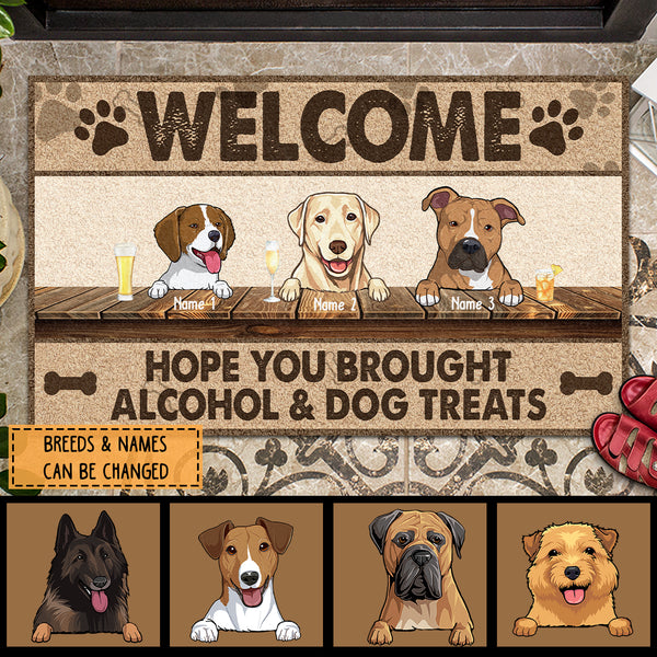 Welcome Hope You Brought Alcohol & Dog Treats, Pawprints & Bone Doormat, Personalized Dog Breeds Doormat