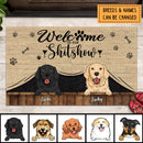 Welcome To Our Shitshow, Dog Peeking From Curtain, Personalized Dog Breeds Doormat, Dog Lovers Gifts, Home Decor