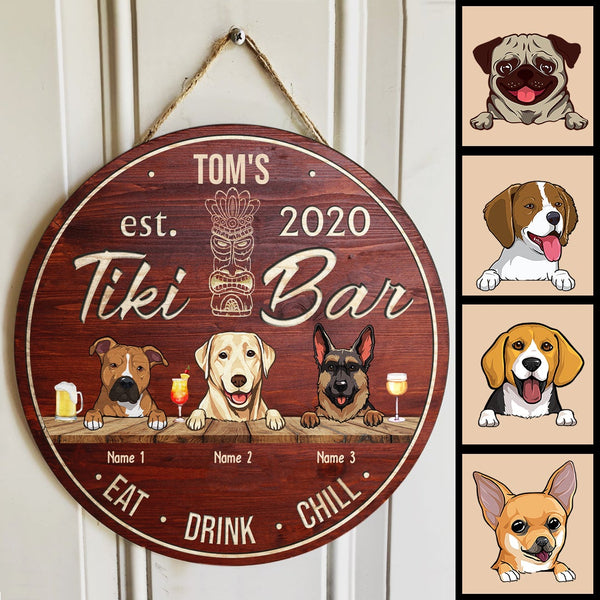 Tiki Bar Eat Drink Chill, Custom Background Color Door Hanger, Personalized Dog Breeds Door Sign, Bar Decor