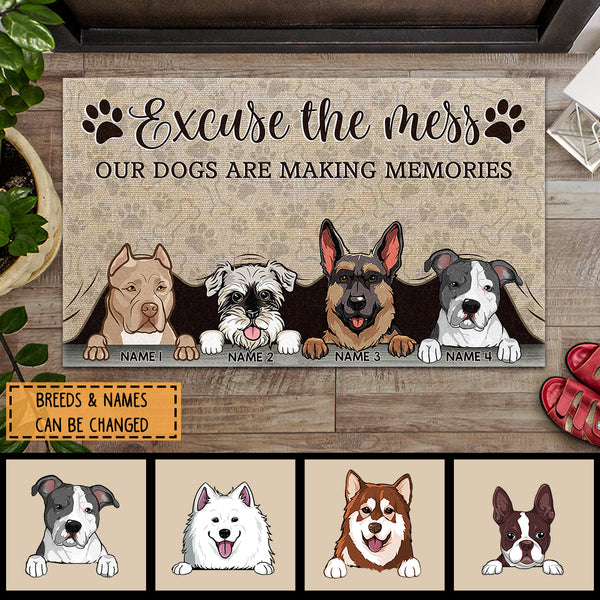 Excuse The Mess Dogs Are Making Memories, Dog Peeking From Curtain, Personalized Dog Breeds Doormat, Home Decor