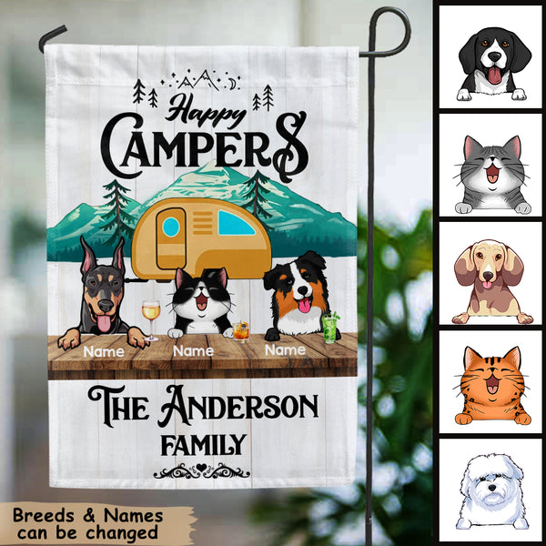 Personalized Dog & Cat Flag, Gifts For Pet Lovers, Happy Campers Mountain Flag, Yellow Camper Van