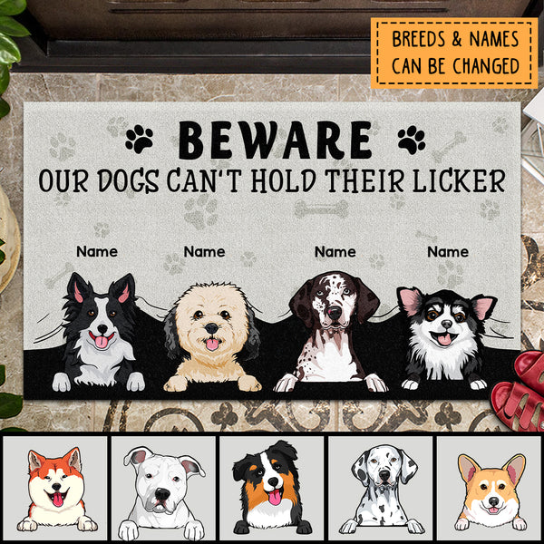 Beware Our Dogs Can't Hold Their Licker, Dog Peeking From Curtain, Warning Doormat, Personalized Dog Breeds Doormat